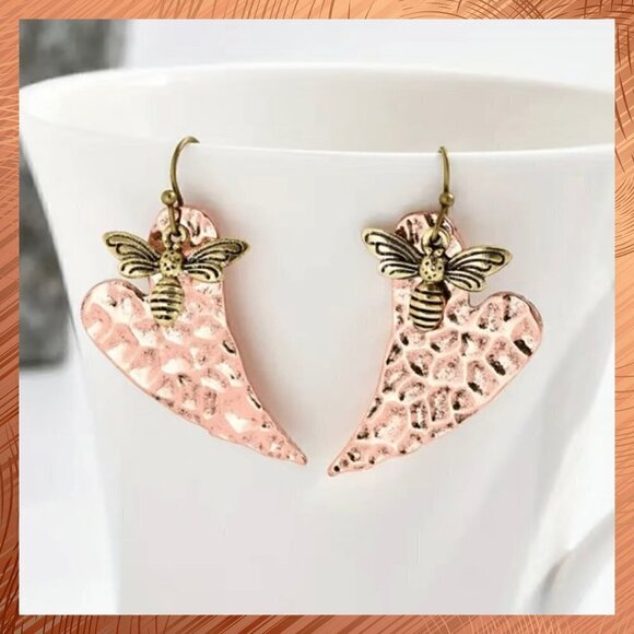 Jewelry - Boho Layered Heart and Bee Earrings - Multicolor Metal Hammered Copper #1110